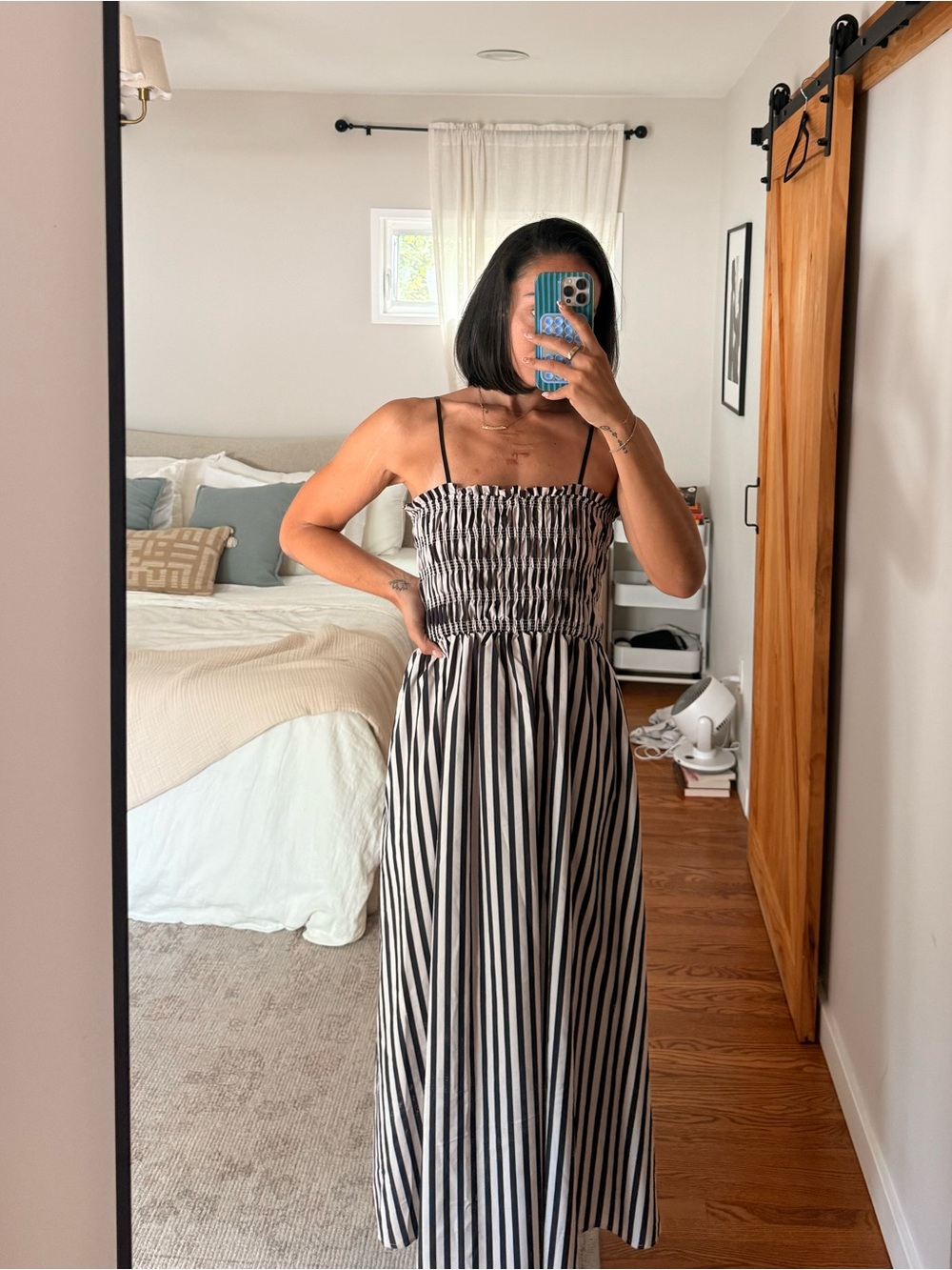 Amazon Black and White Striped Smocked Maxi Dress